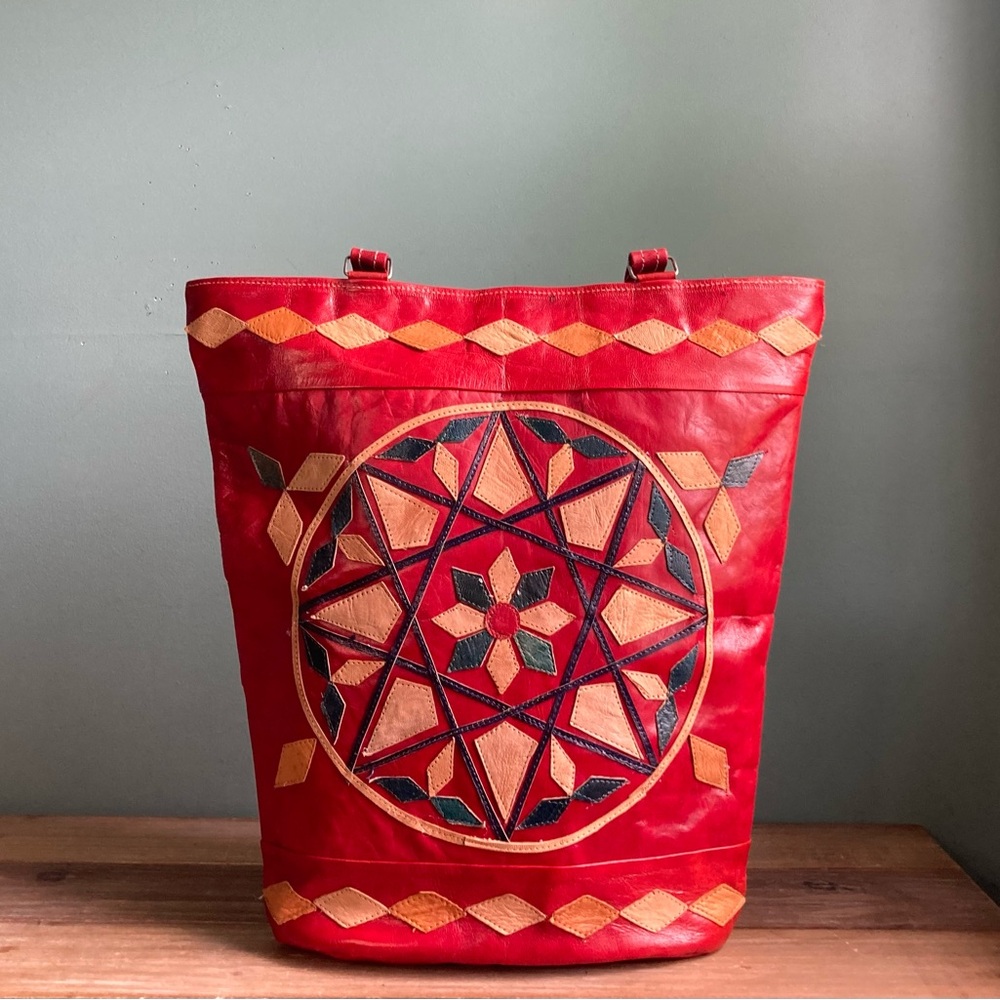 Vintage Tribal Geometric Print Leather Tote Bag - Picture 2 of 8